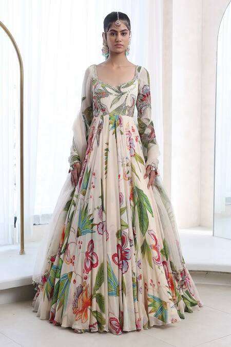 Mahima Mahajan_Ivory Organza, Georgette Embroidery, Anika Garden Print Anarkali With Dupatta _Online_at_Aza_Fashions