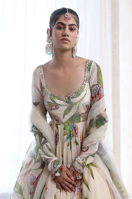 Shop_Mahima Mahajan_Ivory Organza, Georgette Embroidery, Anika Garden Print Anarkali With Dupatta _Online_at_Aza_Fashions
