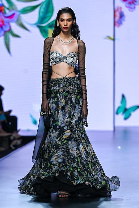 Mahima Mahajan_Black Organza, Crepe, Lurex, Georgette, Gauri Floral Print Mermaid Lehenga Set _Online_at_Aza_Fashions