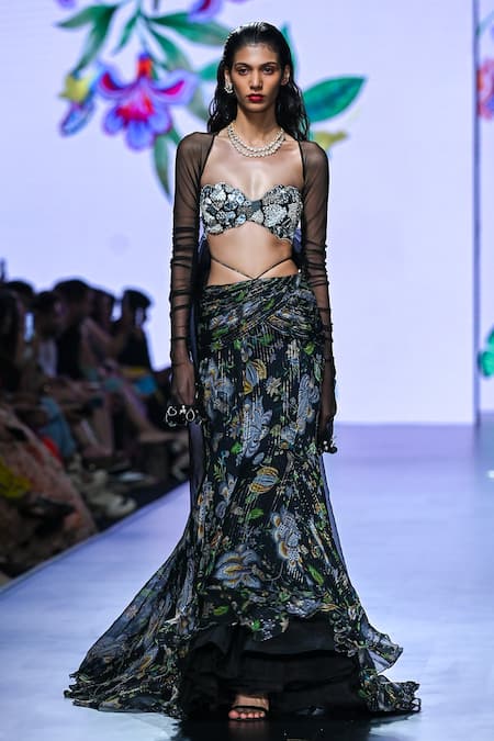 Buy_Mahima Mahajan_Black Organza, Crepe, Lurex, Georgette, Gauri Floral Print Mermaid Lehenga Set _Online_at_Aza_Fashions