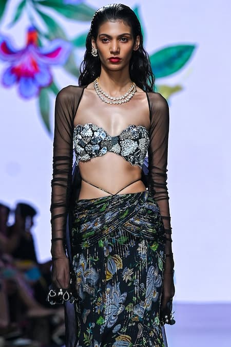 Shop_Mahima Mahajan_Black Organza, Crepe, Lurex, Georgette, Gauri Floral Print Mermaid Lehenga Set _Online_at_Aza_Fashions