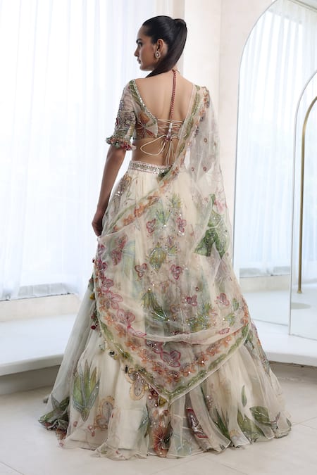 Shop_Mahima Mahajan_Ivory Organza Embellished Sequin Sweetheart Dia Blossom Print Lehenga Set _at_Aza_Fashions