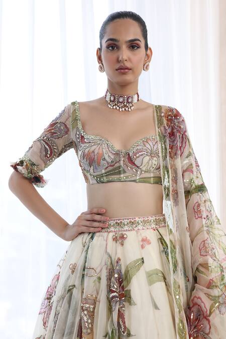 Mahima Mahajan_Ivory Organza Embellished Sequin Sweetheart Dia Blossom Print Lehenga Set _Online_at_Aza_Fashions