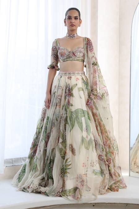 Buy_Mahima Mahajan_Ivory Organza Embellished Sequin Sweetheart Dia Blossom Print Lehenga Set _Online_at_Aza_Fashions