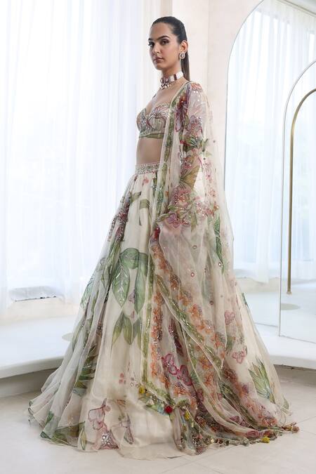 Shop_Mahima Mahajan_Ivory Organza Embellished Sequin Sweetheart Dia Blossom Print Lehenga Set _Online_at_Aza_Fashions