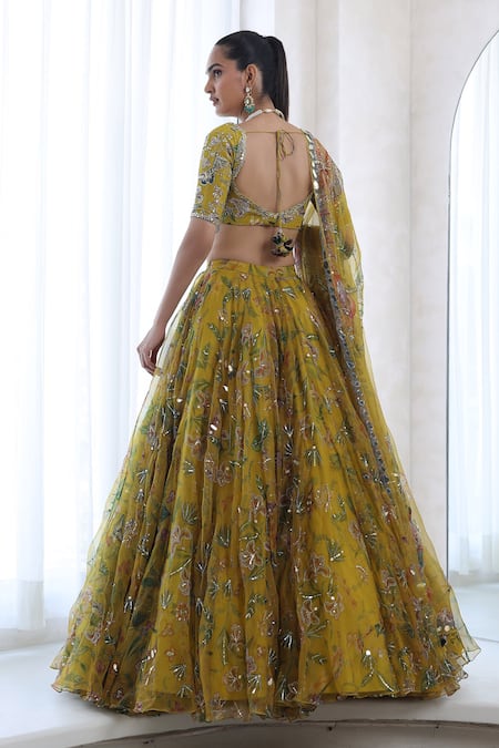 Mahima Mahajan_Yellow Organza Sequins, Embroidery Pari Floral Blossom Print Lehenga Set _Online_at_Aza_Fashions