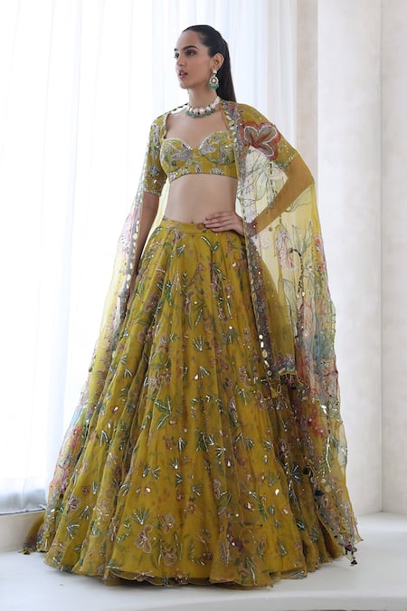 Buy_Mahima Mahajan_Yellow Organza Sequins, Embroidery Pari Floral Blossom Print Lehenga Set _Online_at_Aza_Fashions