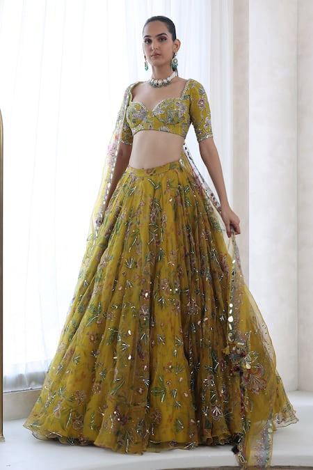 Shop_Mahima Mahajan_Yellow Organza Sequins, Embroidery Pari Floral Blossom Print Lehenga Set _Online_at_Aza_Fashions