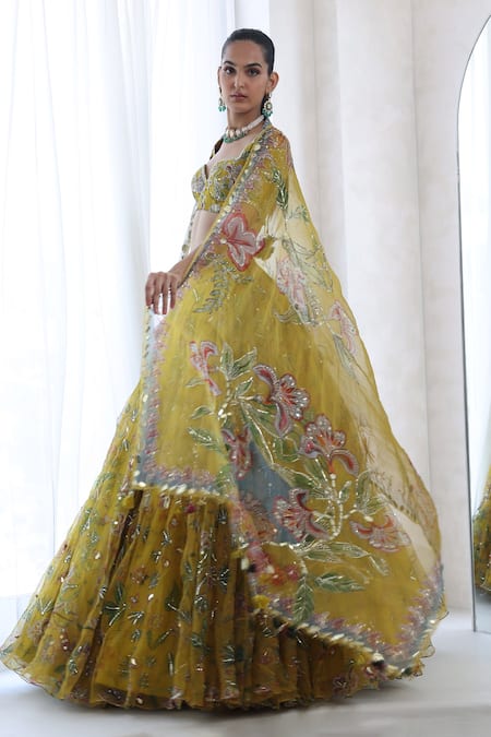 Mahima Mahajan_Yellow Organza Sequins, Embroidery Pari Floral Blossom Print Lehenga Set _at_Aza_Fashions