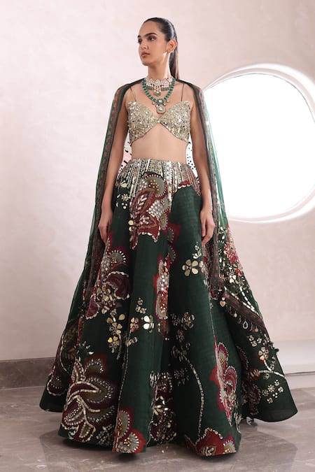 Mahima Mahajan_Green Organza, Silk Sequins, Mirrors Siya Floral Embellished Lehenga Set _Online_at_Aza_Fashions