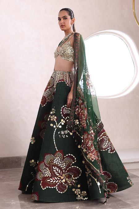 Buy_Mahima Mahajan_Green Organza, Silk Sequins, Mirrors Siya Floral Embellished Lehenga Set _Online_at_Aza_Fashions