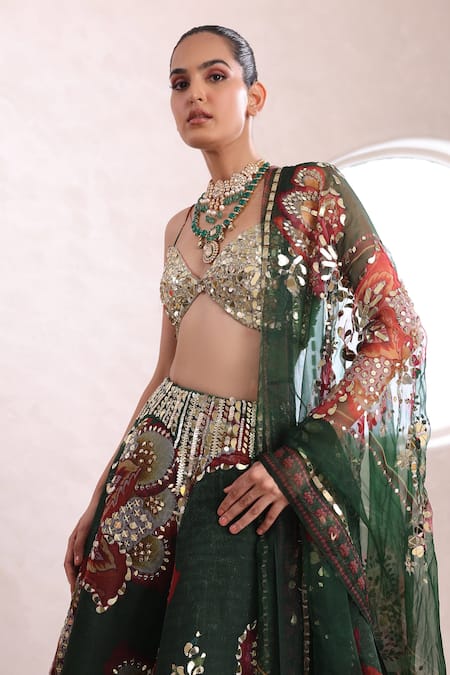 Shop_Mahima Mahajan_Green Organza, Silk Sequins, Mirrors Siya Floral Embellished Lehenga Set _Online_at_Aza_Fashions