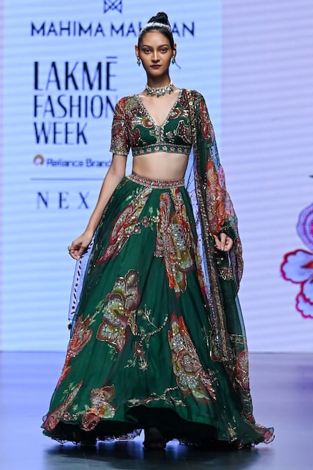 Mahima Mahajan Green Organza Embellished Sequin V-neck Lia Floral Lehenga Set 