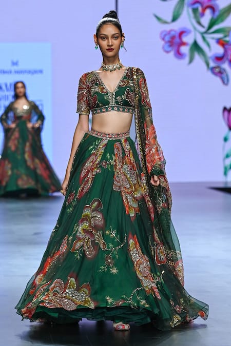 Buy_Mahima Mahajan_Green Organza Embroidery, Sequins V-neck Lia Embellished Floral Lehenga Set _Online_at_Aza_Fashions