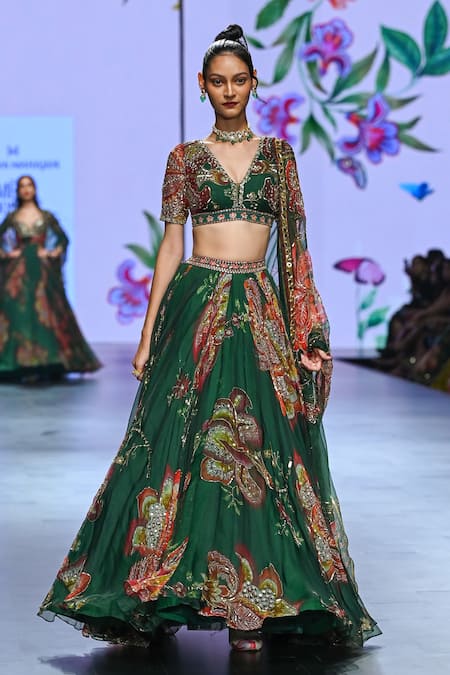 Shop_Mahima Mahajan_Green Organza Embroidery, Sequins V-neck Lia Embellished Floral Lehenga Set _Online_at_Aza_Fashions