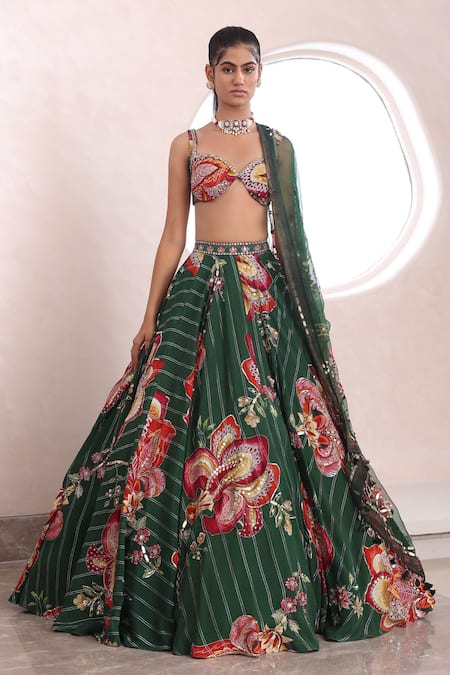 Mahima Mahajan_Green Organza, Silk Embroidery, Sequins, Mirrors Yuna Floral Print Lehenga Set _Online_at_Aza_Fashions