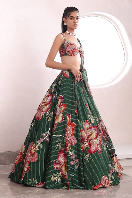Buy_Mahima Mahajan_Green Organza, Silk Embroidery, Sequins, Mirrors Yuna Floral Print Lehenga Set _Online_at_Aza_Fashions