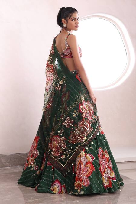Shop_Mahima Mahajan_Green Organza, Silk Embroidery, Sequins, Mirrors Yuna Floral Print Lehenga Set _Online_at_Aza_Fashions