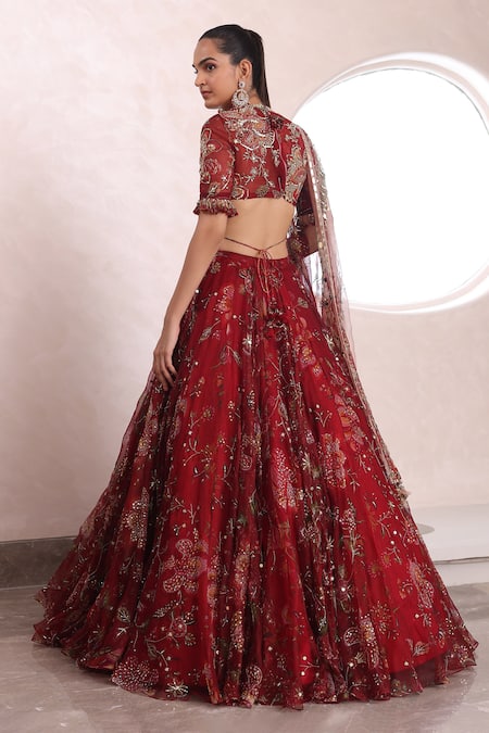 Shop_Mahima Mahajan_Red Organza, Silk Sequins, Mirrors, Thiya Floral Jaal Print Lehenga Set _at_Aza_Fashions