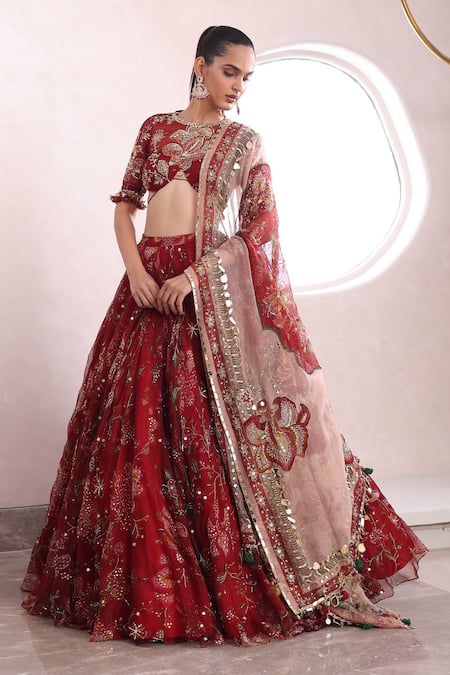 Buy Red Organza Embellished Mirror Thiya Floral Jaal Print Lehenga Set For  Women by Mahima Mahajan Online at Aza Fashions.
