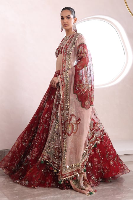 Buy_Mahima Mahajan_Red Organza, Silk Sequins, Mirrors, Thiya Floral Jaal Print Lehenga Set _Online_at_Aza_Fashions