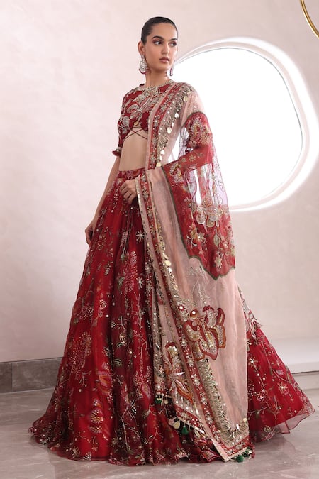 Shop_Mahima Mahajan_Red Organza, Silk Sequins, Mirrors, Thiya Floral Jaal Print Lehenga Set _Online_at_Aza_Fashions