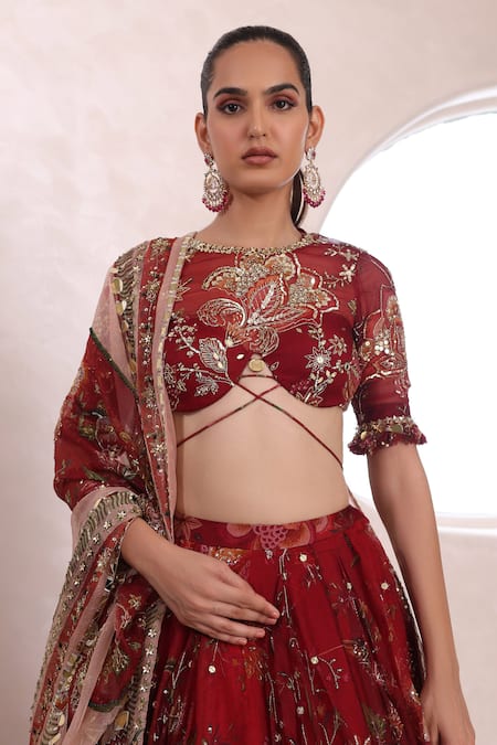 Mahima Mahajan_Red Organza, Silk Sequins, Mirrors, Thiya Floral Jaal Print Lehenga Set _at_Aza_Fashions