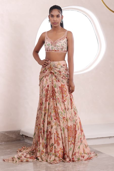 Shop_Mahima Mahajan_Beige Lurex Sequins, Embroidery, Mirrors Anyasha Floral Print Trail Lehenga Set _at_Aza_Fashions