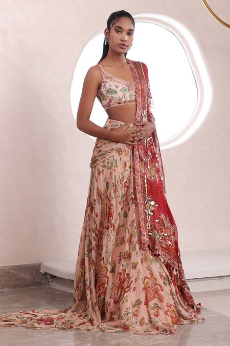 Mahima Mahajan_Beige Lurex Sequins, Embroidery, Mirrors Anyasha Floral Print Trail Lehenga Set _Online_at_Aza_Fashions