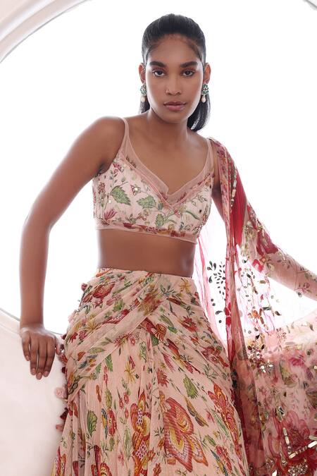 Shop_Mahima Mahajan_Beige Lurex Sequins, Embroidery, Mirrors Anyasha Floral Print Trail Lehenga Set _Online_at_Aza_Fashions