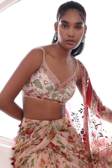 Mahima Mahajan_Beige Lurex Sequins, Embroidery, Mirrors Anyasha Floral Print Trail Lehenga Set _at_Aza_Fashions