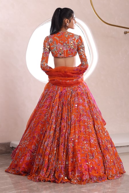 Shop Mahima Mahajan Orange Lurex, Chiffon Embroidery, Anshula Floral Garden Print Lehenga Set at Aza Fashions Shop_Mahima Mahajan_Orange Lurex, Chiffon Embroidery, Anshula Floral Garden Print Lehenga Set _at_Aza_Fashions