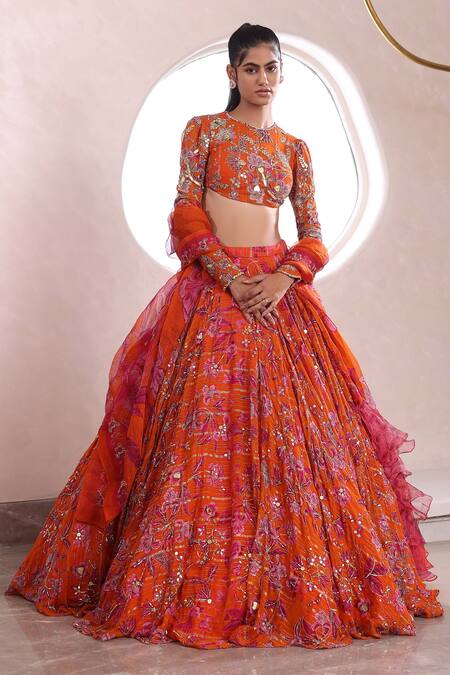 Mahima Mahajan Orange Lurex, Chiffon Embroidery, Anshula Floral Garden Print Lehenga Set Online at Aza Fashions Mahima Mahajan_Orange Lurex, Chiffon Embroidery, Anshula Floral Garden Print Lehenga Set _Online_at_Aza_Fashions