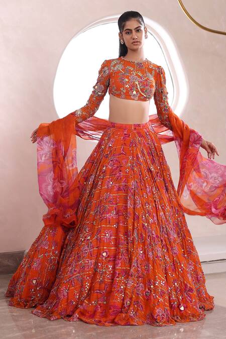 Buy Mahima Mahajan Orange Lurex, Chiffon Embroidery, Anshula Floral Garden Print Lehenga Set Online at Aza Fashions Buy_Mahima Mahajan_Orange Lurex, Chiffon Embroidery, Anshula Floral Garden Print Lehenga Set _Online_at_Aza_Fashions