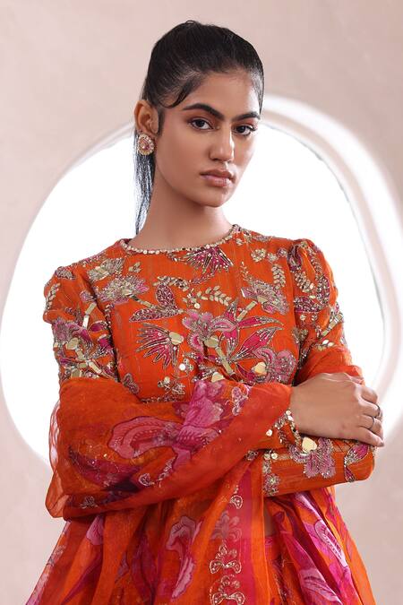 Shop Mahima Mahajan Orange Lurex, Chiffon Embroidery, Anshula Floral Garden Print Lehenga Set Online at Aza Fashions Shop_Mahima Mahajan_Orange Lurex, Chiffon Embroidery, Anshula Floral Garden Print Lehenga Set _Online_at_Aza_Fashions