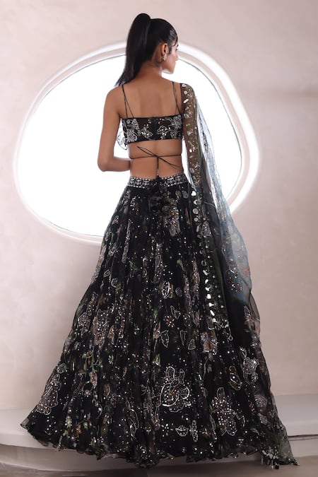Shop Mahima Mahajan Black Organza Embroidery, Sequins Sweetheart Neck Fiza Jaal Print Lehenga Set at Aza Fashions Shop_Mahima Mahajan_Black Organza Embroidery, Sequins Sweetheart Neck Fiza Jaal Print Lehenga Set _at_Aza_Fashions