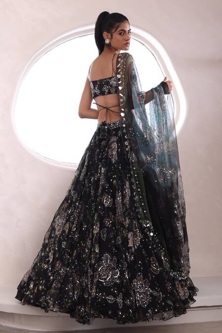 Shop Mahima Mahajan Black Organza Embroidery, Sequins Sweetheart Neck Fiza Jaal Print Lehenga Set Online at Aza Fashions Shop_Mahima Mahajan_Black Organza Embroidery, Sequins Sweetheart Neck Fiza Jaal Print Lehenga Set _Online_at_Aza_Fashions