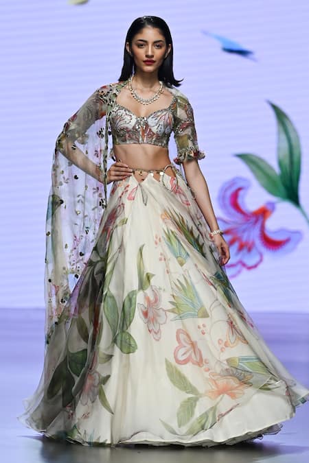 Mahima Mahajan Ivory Organza Embellished Shimona Blossom Print Cut-out Lehenga Set 