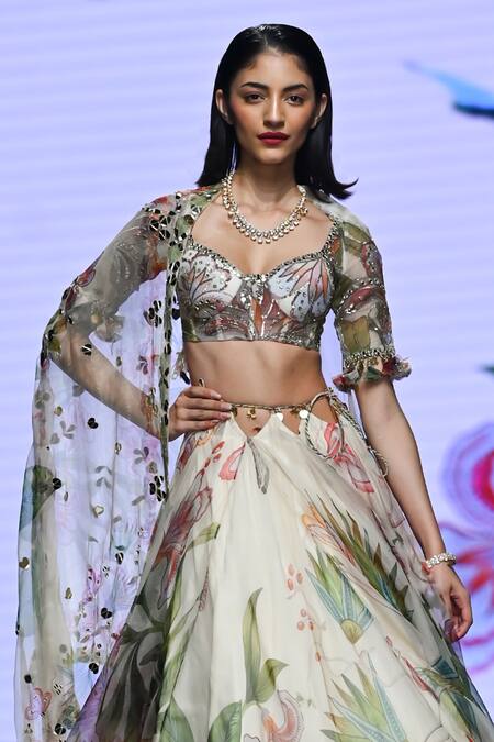 Mahima Mahajan Ivory Organza Embroidery, Sequins Shimona Blossom Print Cut-out Lehenga Set Online at Aza Fashions Mahima Mahajan_Ivory Organza Embroidery, Sequins Shimona Blossom Print Cut-out Lehenga Set _Online_at_Aza_Fashions