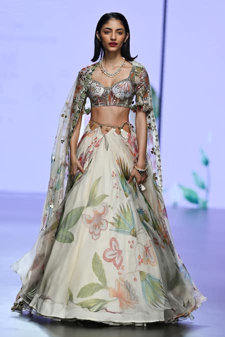 Shop_Mahima Mahajan_Ivory Organza Embroidery, Sequins Shimona Blossom Print Cut-out Lehenga Set _Online_at_Aza_Fashions