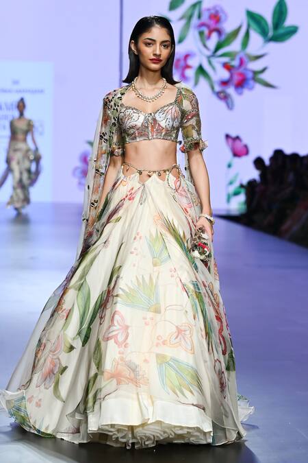 Mahima Mahajan_Ivory Organza Embroidery, Sequins Shimona Blossom Print Cut-out Lehenga Set _at_Aza_Fashions