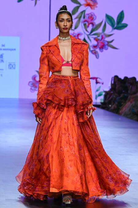 Mahima Mahajan_Orange Organza, Crepe, Net Embroidery Lakshmi Floral Print Lehenga Jacket Set _Online_at_Aza_Fashions
