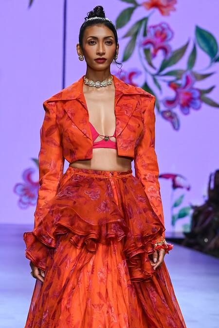 Buy_Mahima Mahajan_Orange Organza, Crepe, Net Embroidery Lakshmi Floral Print Lehenga Jacket Set _Online_at_Aza_Fashions