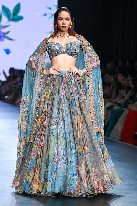Buy_Mahima Mahajan_Grey Organza Sequins, Embroidery Tamanna Floral Print Flowy Lehenga Set _Online_at_Aza_Fashions
