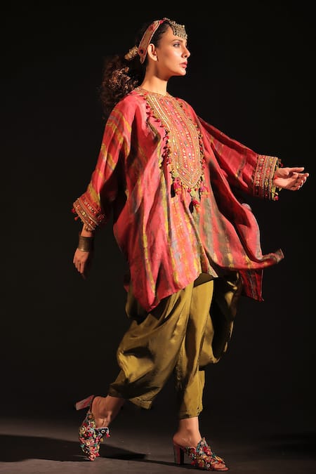 CAPISVIRLEO_Fuchsia Silk Embroidery Bandeau Neck Shabnam Tie-dye Kaftan With Dhoti Pant _Online_at_Aza_Fashions