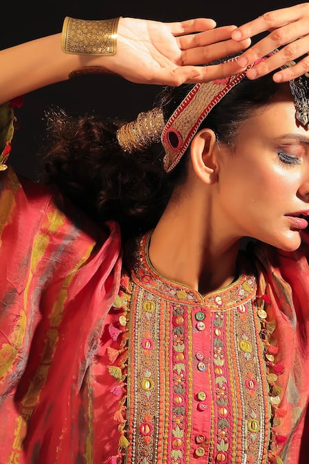 Shop_CAPISVIRLEO_Fuchsia Silk Embroidery Bandeau Neck Shabnam Tie-dye Kaftan With Dhoti Pant _Online_at_Aza_Fashions