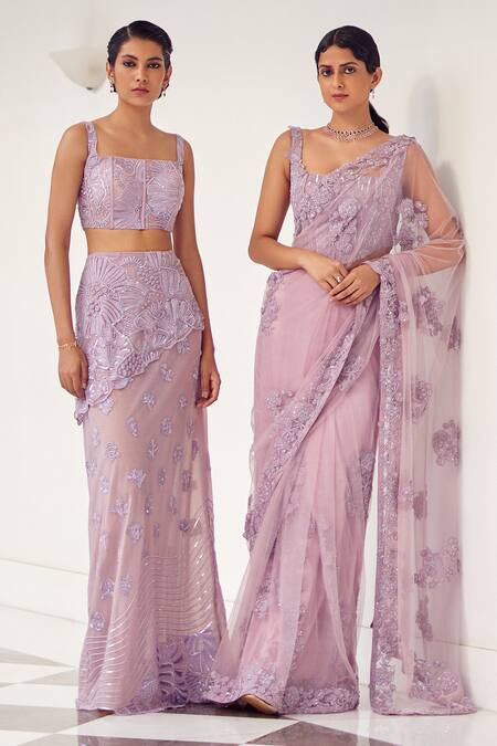 Mishru Purple Tulle Pearls, Adella Wisteria Blossom Embroidered Saree With Corset Online at Aza Fashions Mishru_Purple Tulle Pearls, Adella Wisteria Blossom Embroidered Saree With Corset _Online_at_Aza_Fashions