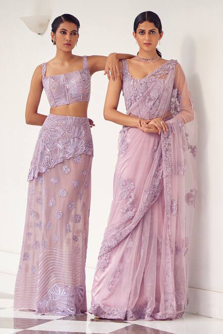 Buy Mishru Purple Tulle Pearls, Adella Wisteria Blossom Embroidered Saree With Corset Online at Aza Fashions Buy_Mishru_Purple Tulle Pearls, Adella Wisteria Blossom Embroidered Saree With Corset _Online_at_Aza_Fashions