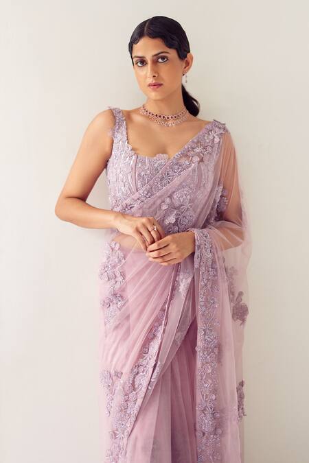 Shop Mishru Purple Tulle Pearls, Adella Wisteria Blossom Embroidered Saree With Corset Online at Aza Fashions Shop_Mishru_Purple Tulle Pearls, Adella Wisteria Blossom Embroidered Saree With Corset _Online_at_Aza_Fashions