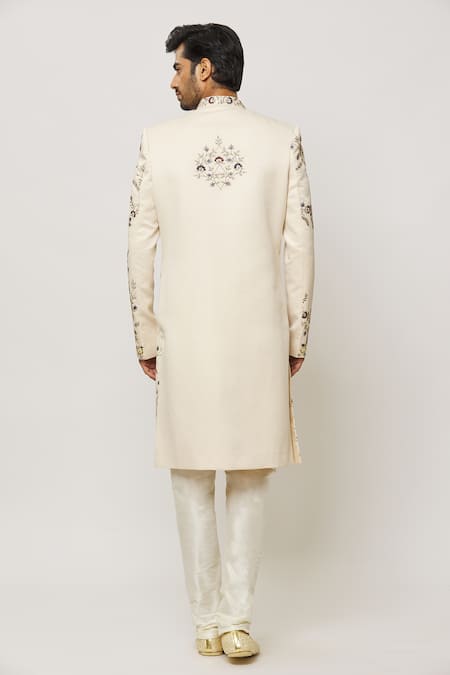 Shop Arihant Rai Sinha Cream Silk, Chanderi Embroidery Floral Sherwani Set at Aza Fashions Shop_Arihant Rai Sinha_Cream Silk, Chanderi Embroidery Floral Sherwani Set _at_Aza_Fashions